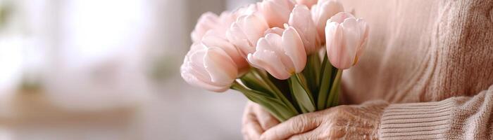 Close-up of an elderly man's hands lovingly cradling a bouquet of soft pastel tulips, with a blurred background that suggests a warm and inviting home atmosphere photo
