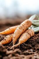 Close-up view of freshly harvested carrots still covered in soil with vibrant orange colors. Ideal for highlighting organic farming practices and fresh produce photo
