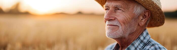 An elderly farmer with deep wrinkles stands in a golden wheat field at sunset, wearing a straw hat and plaid shirt. His reflective gaze captures a lifetime of stories and experience photo
