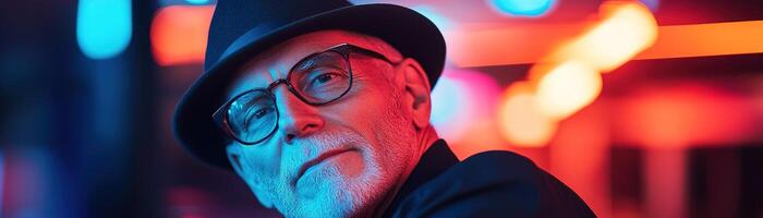 A charismatic senior man wears a fedora while leaning against a dance club bar, illuminated by soft blue and red lights, creating a relaxed and inviting atmosphere for nightlife photo