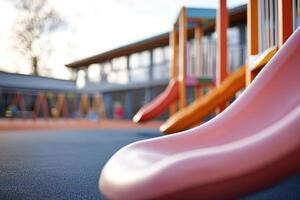 Bright slides and swings invite children to play in a lively playground. In the background, kids can be seen enjoying themselves under a clear sky, creating a joyful atmosphere photo