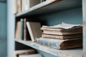 Close-up view of a dusty bookshelf loaded with old books, scattered papers, and forgotten trinkets, creating a relatable scene for decluttering service promotions photo