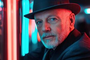A charismatic senior man leans against a dance club bar, wearing a fedora with a relaxed expression. Soft blue and red lights create a moody, inviting atmosphere, perfect for social gatherings photo