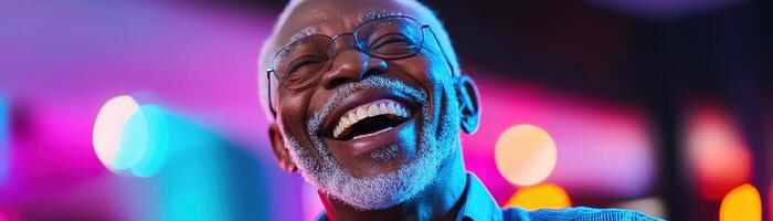 Senior man radiates joy with a wide laugh while dancing on a lively club floor, bathed in colorful lights, creating an enchanting atmosphere perfect for senior entertainment photo