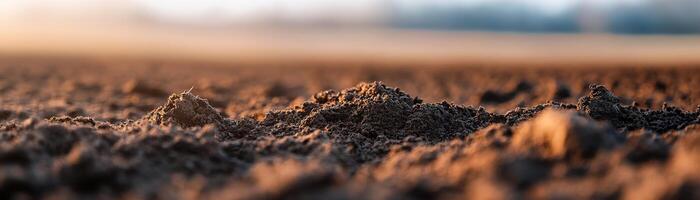 Freshly plowed dark brown soil is illuminated by soft sunlight, highlighting its rich texture photo