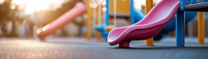 Lively primary school playground features colorful slides and swings surrounded by cheerful children playing. The open sky creates a perfect backdrop for outdoor enjoyment and energetic activities photo