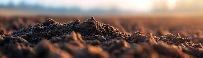 Close-up reveals freshly plowed dark brown soil enhanced by soft sunlight. Rolling hills create a natural backdrop to highlight organic farming practices in a serene setting photo