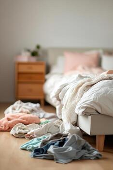 Soft textures and disarray characterize this bedroom, where an unmade bed contrasts with tossed clothes and a busy nightstand, presenting an authentic daily life scene photo