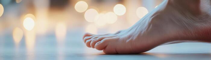Close-up of a person gently massaging their sole, highlighting the slightly red area from discomfort. The warm tones suggest relaxation and care for foot health photo