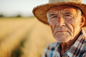 An elderly farmer with deep wrinkles stands proudly in a golden wheat field during sunset. His straw hat and plaid shirt reflect a lifetime of dedication to agriculture and the earth photo