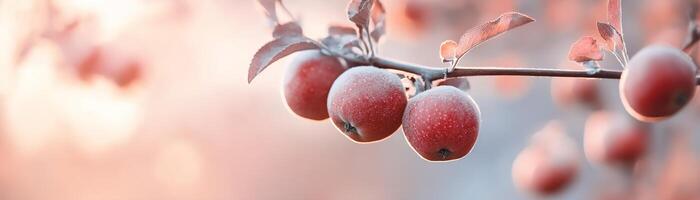 A vibrant apple orchard displays clusters of red apples hanging from branches, illuminated by soft sunlight. The warm backdrop creates a peaceful atmosphere, ideal for agritourism photo