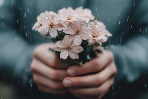 Hands grip a bouquet of wet flowers, glistening with raindrops, in a cool-toned environment that evokes emotion and a sense of storytelling. The blurred background adds to the mood photo
