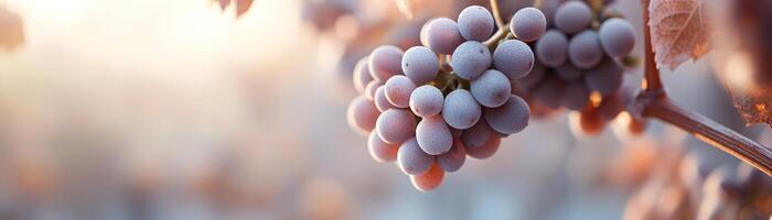 Deep purple and green grapes hang from a vine, illuminated by warm, golden-hour light. The blurred background features earthy tones, enhancing the luxurious scene suitable for wineries photo