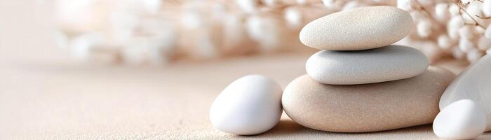 A footer showcases soft, pebble-like shapes in layered beige tones with a subtle texture. The blurred background allows for clear text placement, perfect for wellness-focused branding photo