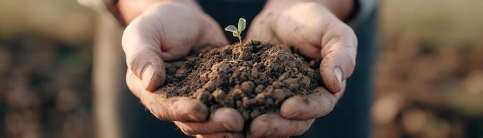 A farmer's hands hold rich, dark soil, nurturing a tiny green seedling that emerges, symbolizing growth and sustainability in agriculture. The background is softly blurred to enhance focus photo