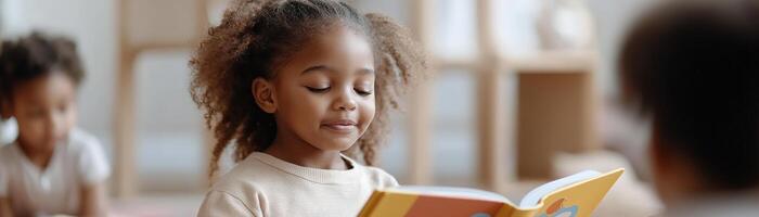 A friendly educator reads an engaging picture book to young learners seated on a soft rug in a welcoming classroom. Their curious faces light up with excitement photo