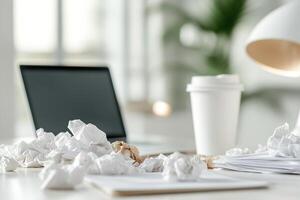 A cluttered home office desk features crumpled papers, an overflowing trash can, and coffee stains on scattered documents. A blurred laptop screen adds to the chaotic environment photo