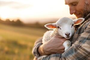 In a softly sunlit pasture, a farmer with kind eyes lovingly holds a small lamb while surrounded by rolling hills. The scene captures warmth and compassion, ideal for promoting ethical farming photo