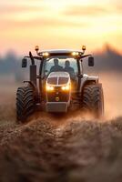 A large tractor navigates an expansive open field, stirring up dust as it operates under the warm hues of a setting sun. The sky offers a soft gradient, perfect for text overlays photo