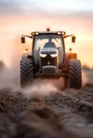 A large tractor moves steadily through an open field, kicking up dust as the sun sets, casting a warm glow over the landscape. The soft blur of the sky enhances the rural atmosphere photo