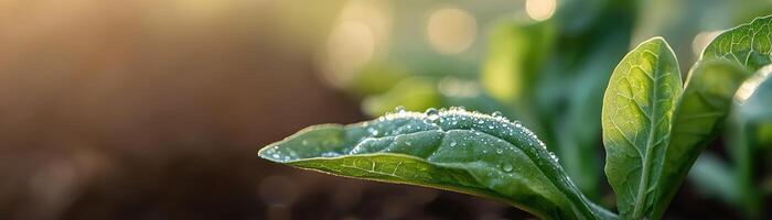 Crisp, vibrant lettuce leaves adorned with tiny dewdrops catch the soft morning light, set against a gently blurred farm background, perfect for promoting healthy eating photo