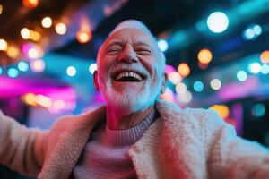 An elderly man, full of joy, dances enthusiastically under colorful disco lights, displaying a big smile. The soft-focus lighting enhances the vibrant energy of the lively setting photo
