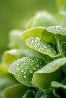 Lettuce leaves radiate freshness under soft morning sunlight, adorned with tiny dewdrops. The softly blurred farm backdrop enhances the healthy aesthetic perfect for organic branding photo