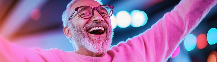 Elderly man expressing joy through dance with a big smile while colorful disco lights illuminate the space. The vibrant energy creates an uplifting and dynamic vibe photo