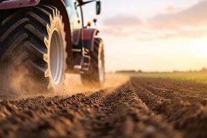 A large tractor moves steadily across an open field, kicking up dust as the sun sets. The sky displays a gentle gradient, enhancing the rural atmosphere and highlighting agricultural work photo