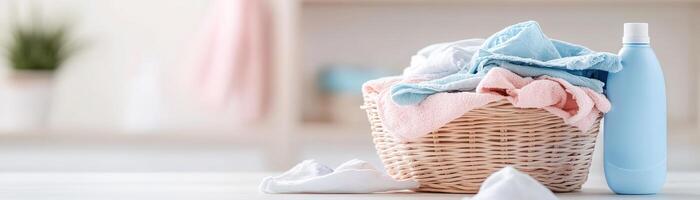 A laundry room showcases an overflowing basket filled with clothes, knocked over detergent bottles, and scattered socks on the floor, reflecting everyday chaos photo