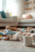 Scattered toys and unfolded laundry fill the living room, highlighting the chaos of everyday life. Coffee cups sit on the table, setting the scene for a need for cleaning services photo