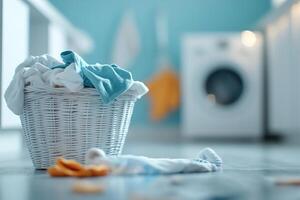 A laundry room showcases an overflowing basket filled with clothes and scattered socks on the floor, while detergent bottles lay toppled, highlighting the need for better organization photo