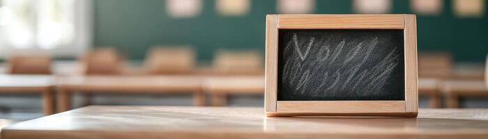 A rustic wooden-framed chalkboard with softly drawn alphabet letters sits on a desk in a classroom. The background is softly blurred, creating a classic educational atmosphere for branding photo