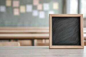 Rustic wooden-framed chalkboard with alphabet letters drawn softly is placed on a desk in a blurred classroom, creating an inviting educational atmosphere perfect for branding photo