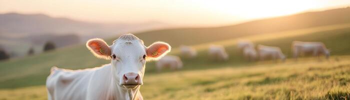 Cows graze peacefully on lush green fields under a warm golden light, surrounded by rolling hills that create an inviting and wholesome atmosphere ideal for promoting dairy and livestock photo