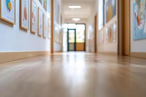 Soft lighting enhances the vibrant student artwork lining the corridor of a primary school. Sunlight streams through open windows, creating an inviting environment for visitors photo