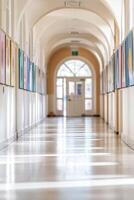 Softly lit corridor at a primary school features vibrant artwork along the walls. Sunlight pours in through open windows, creating a fresh and welcoming atmosphere perfect for school promotions photo
