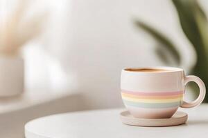 A coffee cup featuring a subtle rainbow design rests on a clean white table, illuminated by gentle natural light. The soft background enhances a welcoming atmosphere ideal for brand representation photo