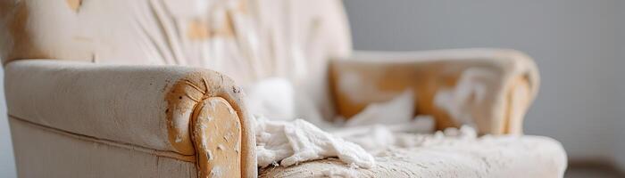 A soft fabric armchair in a softly blurred reading nook displays noticeable dust buildup and fabric discoloration, along with scattered lint pieces, creating a warm yet untidy atmosphere photo