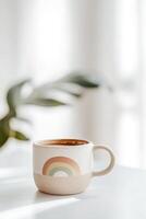 A coffee cup featuring a soft rainbow design sits on a clean white table. Natural light fills the space, enhancing the casual atmosphere perfect for LGBTQ branding photo