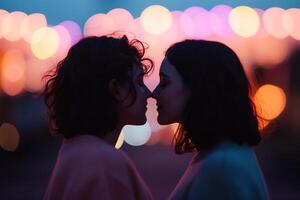 Soft focus captures an LGBTQ couple illuminated by a rainbow glow, sharing an intimate moment amid a blurred cityscape at twilight, symbolizing love and unity photo
