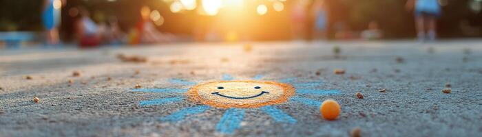 A smiling sun drawn in chalk adorns the concrete playground floor as children play in the background, creating a cheerful atmosphere in the afternoon light photo