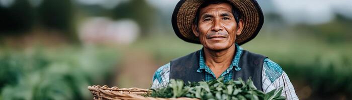 Portrait displays an indigenous farmer dressed in traditional clothing, proudly holding a basket filled with fresh crops. The lush green farm backdrop enhances the cultural richness of farming photo