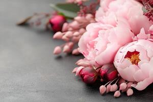 Deep pink and red peonies create a striking arrangement against a dark background. Soft lighting highlights their textures, enhancing the elegant presentation, perfect for luxury marketing photo
