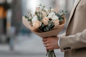A man dressed in a tailored suit stands amidst a blurred cityscape, elegantly holding a bouquet of fresh flowers wrapped in earthy paper. The soft-focus background enhances the luxurious feel photo