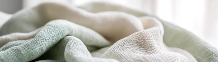 The soft green tones of textured fabric create a warm and inviting atmosphere. The blurred background emphasizes the coziness, ideal for eco-conscious designs photo