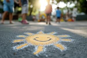 A chalk drawing of a smiling sun brightens the concrete floor of a school playground, while children play joyfully in the afternoon sunlight, creating a cheerful atmosphere photo