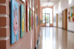 Soft light fills a spacious primary school corridor adorned with colorful student artwork. Sunlight streams through open windows, creating a warm and welcoming atmosphere photo