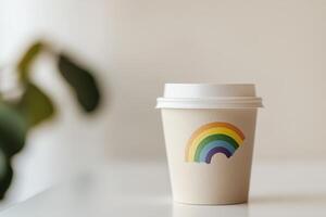 A coffee cup featuring a delicate rainbow design sits on a clean white table bathed in soft natural light. The background is softly blurred, creating a welcoming atmosphere ideal for branding photo