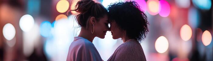 A soft-focus silhouette portrays an LGBTQ couple in an intimate moment, surrounded by a blurred city skyline. The gentle rainbow glow adds a layer of affection and warmth, symbolizing love photo